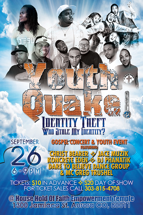 Youthquake Special Identity Theft sermon, gospel concert and youth event flyer design featuring Chris Bearer, Jace Muzik, Kncrete Eden, DJ Phanatik, Dare to Believe Dance Group and MC Greg Trushel